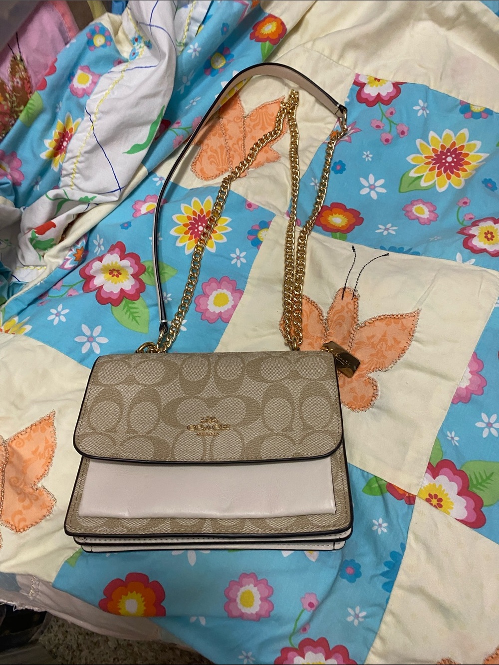Coach Beige Signature Canvas w Chalk Leather  mini klare Crossbody w Chain Strap